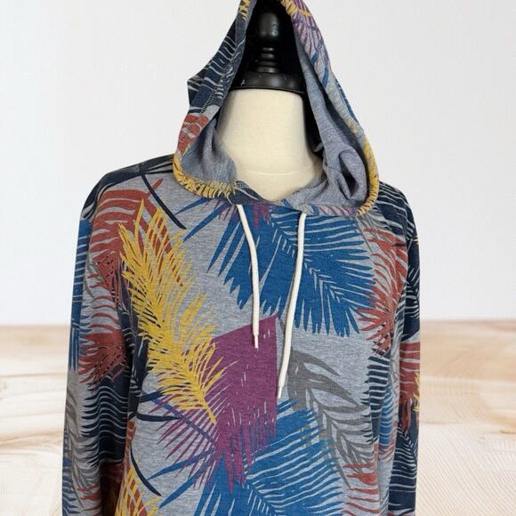 On The Byas Hoodie Sweatshirt Size L Unisex Gray Floral Hawaiian Leaves Pocket - Picture 5 of 8